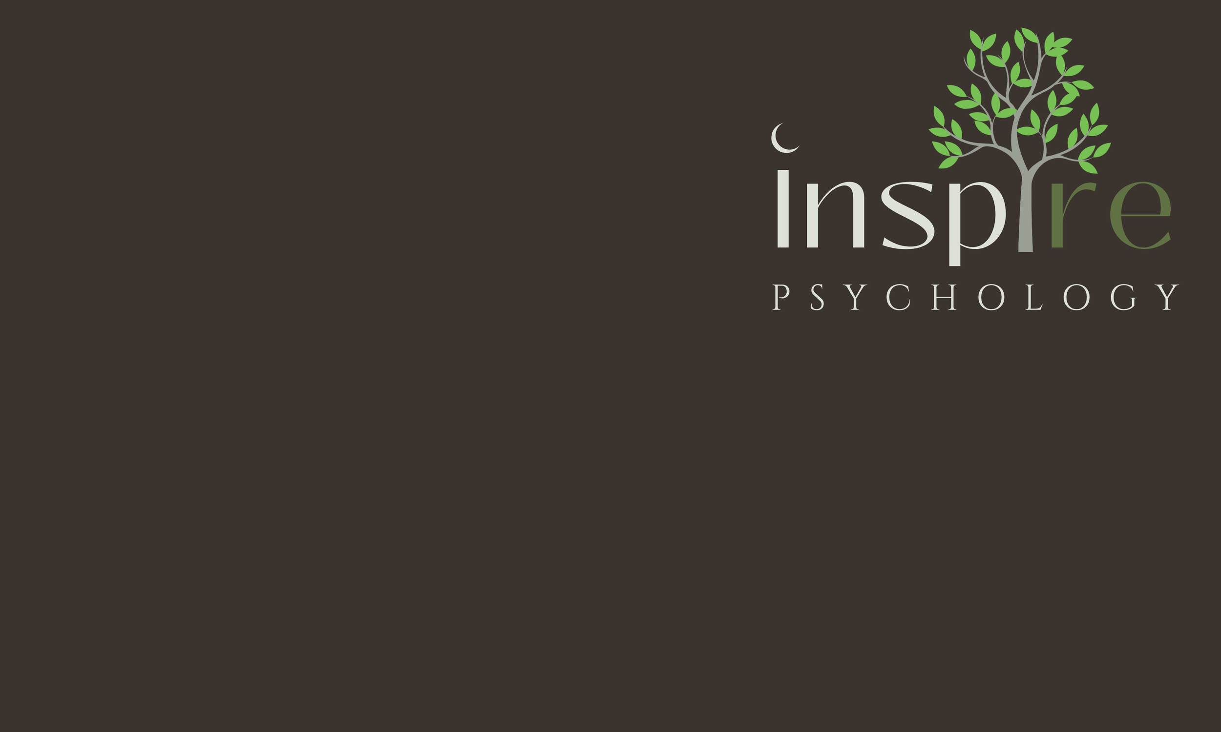 A logo with a dark brown background, featuring a stylized green and gray tree with many leaves, and the words 'Inspire Psychology' in white and green text.