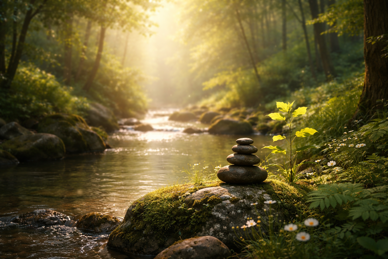 A tranquil forest stream with a small stack of balanced stones on a moss-covered rock in the foreground, surrounded by lush greenery and wildflowers, illuminated by warm sunlight.