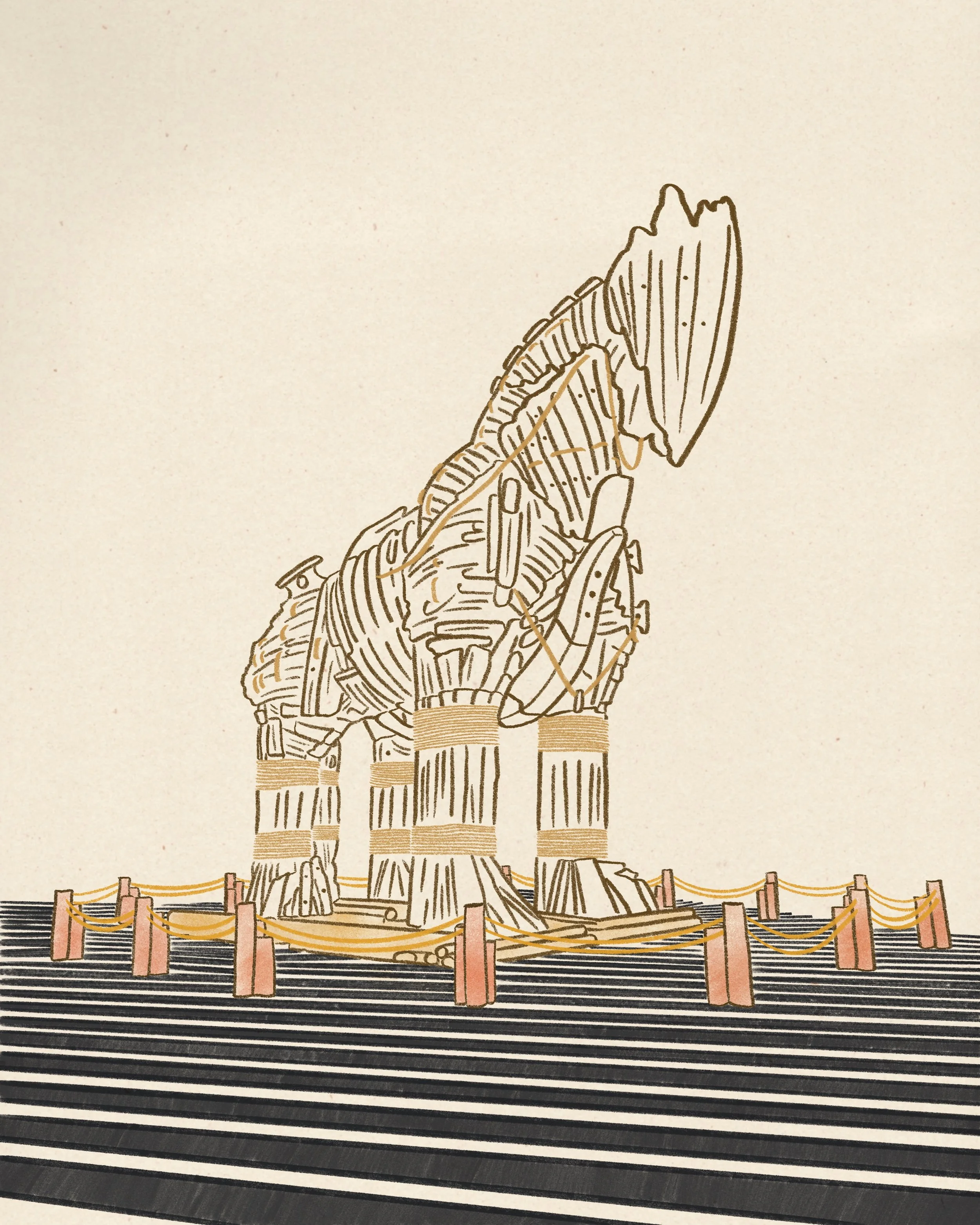 A line drawing of a Trojan horse from Troy war on display, surrounded by wooden posts and ropes.