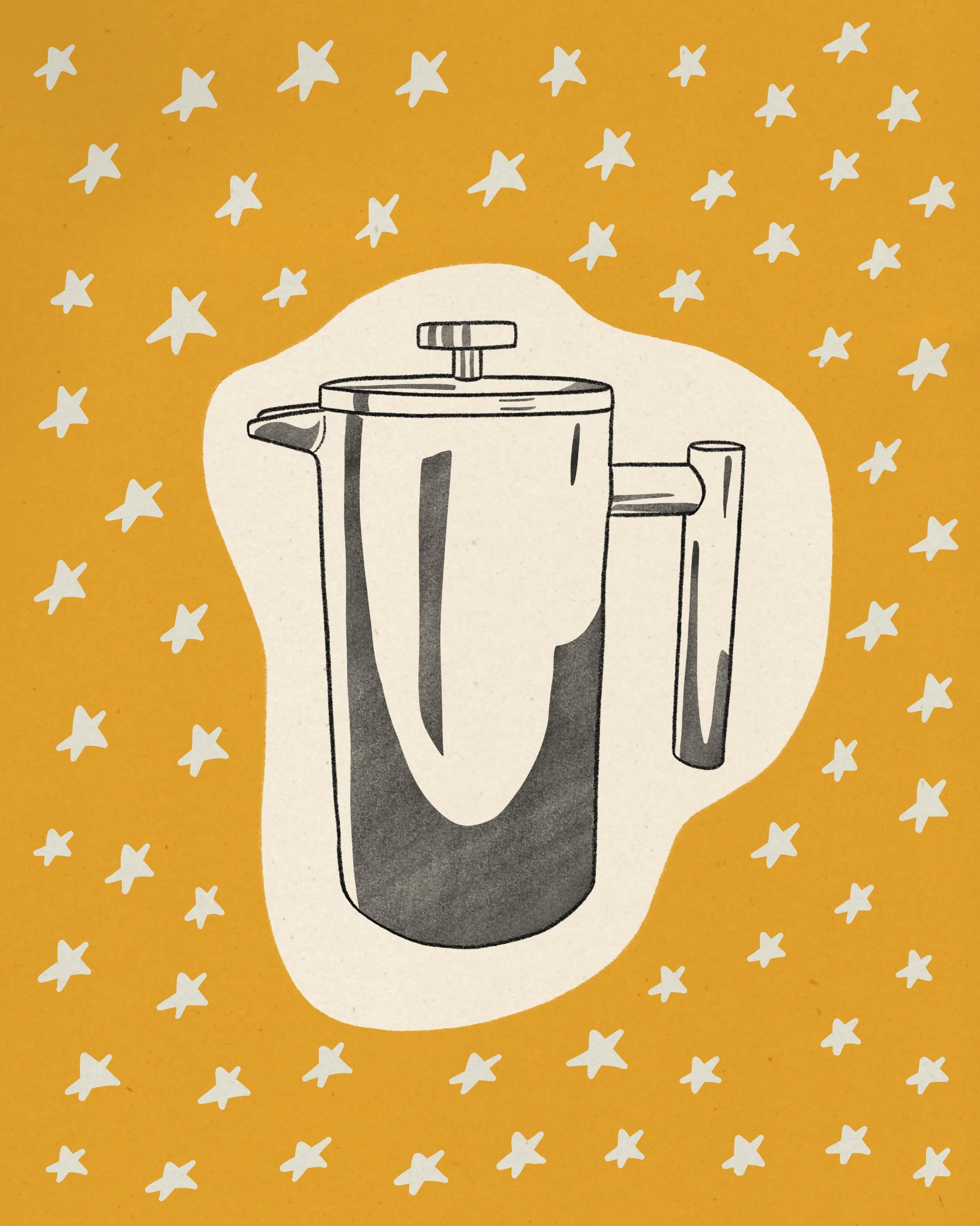 Illustration of a french press coffee maker with a yellow background and white star-like shapes.