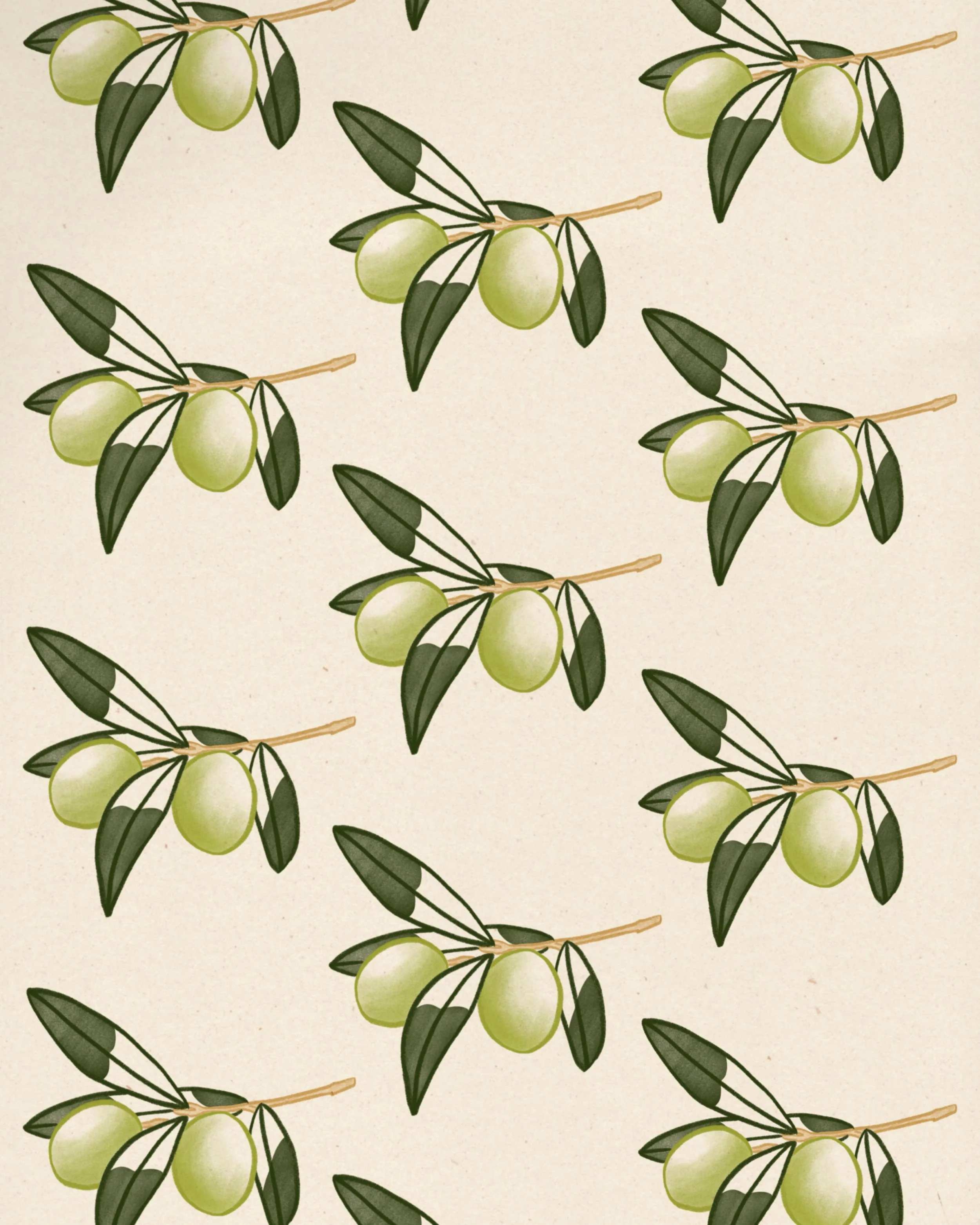 Illustration of green olives on branches with leaves, repeated in pattern.