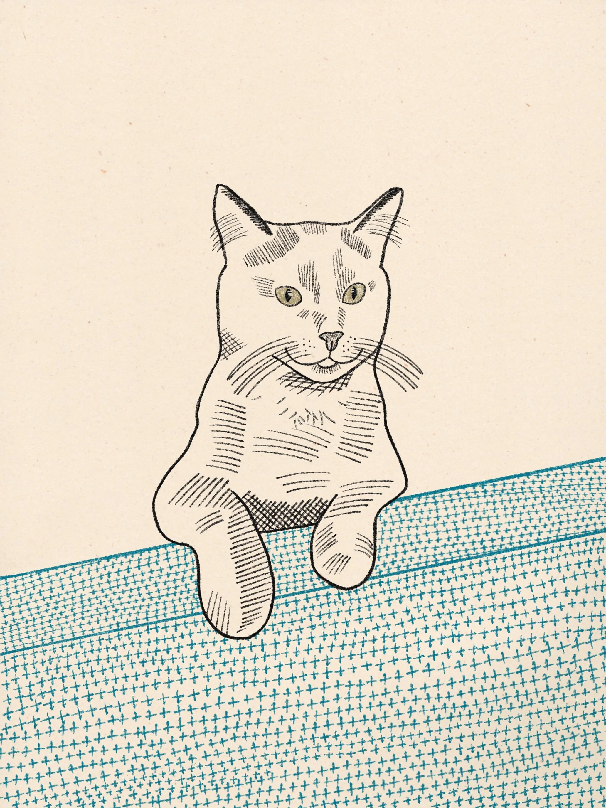 Line drawing of a cat with yellow eyes sitting on a blue surface against a plain background.