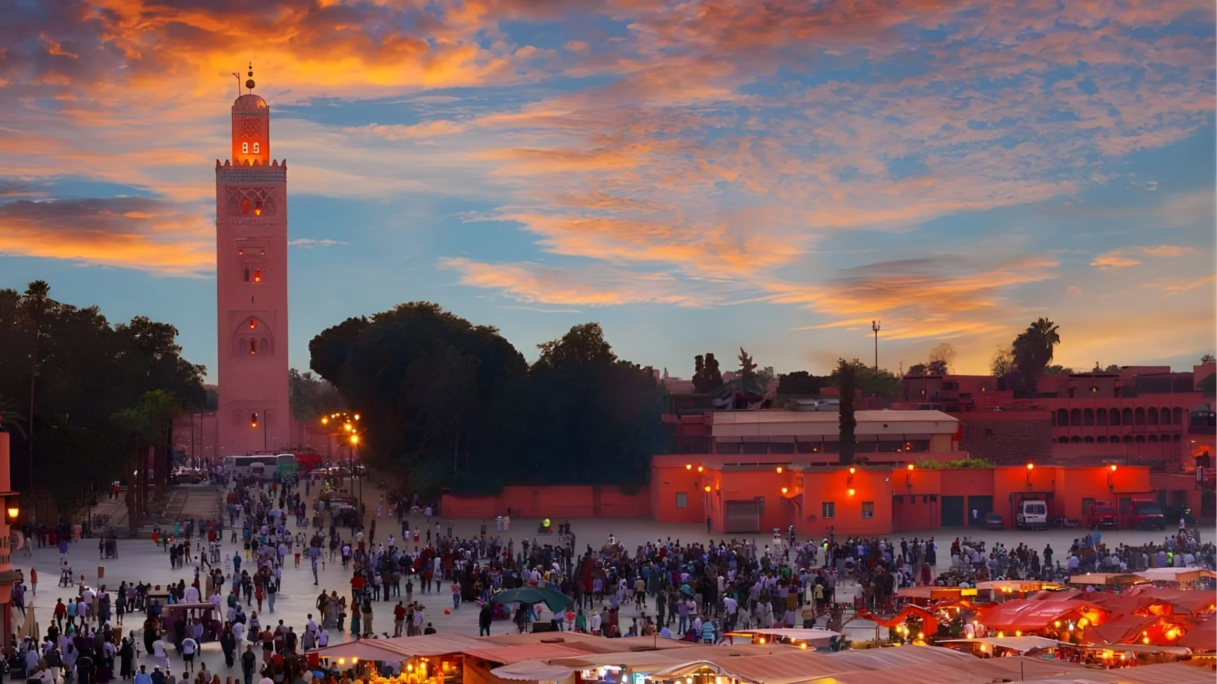 Jemaa el-Fna square at sunset with the Koutoubia minaret and crowds in Marrakech