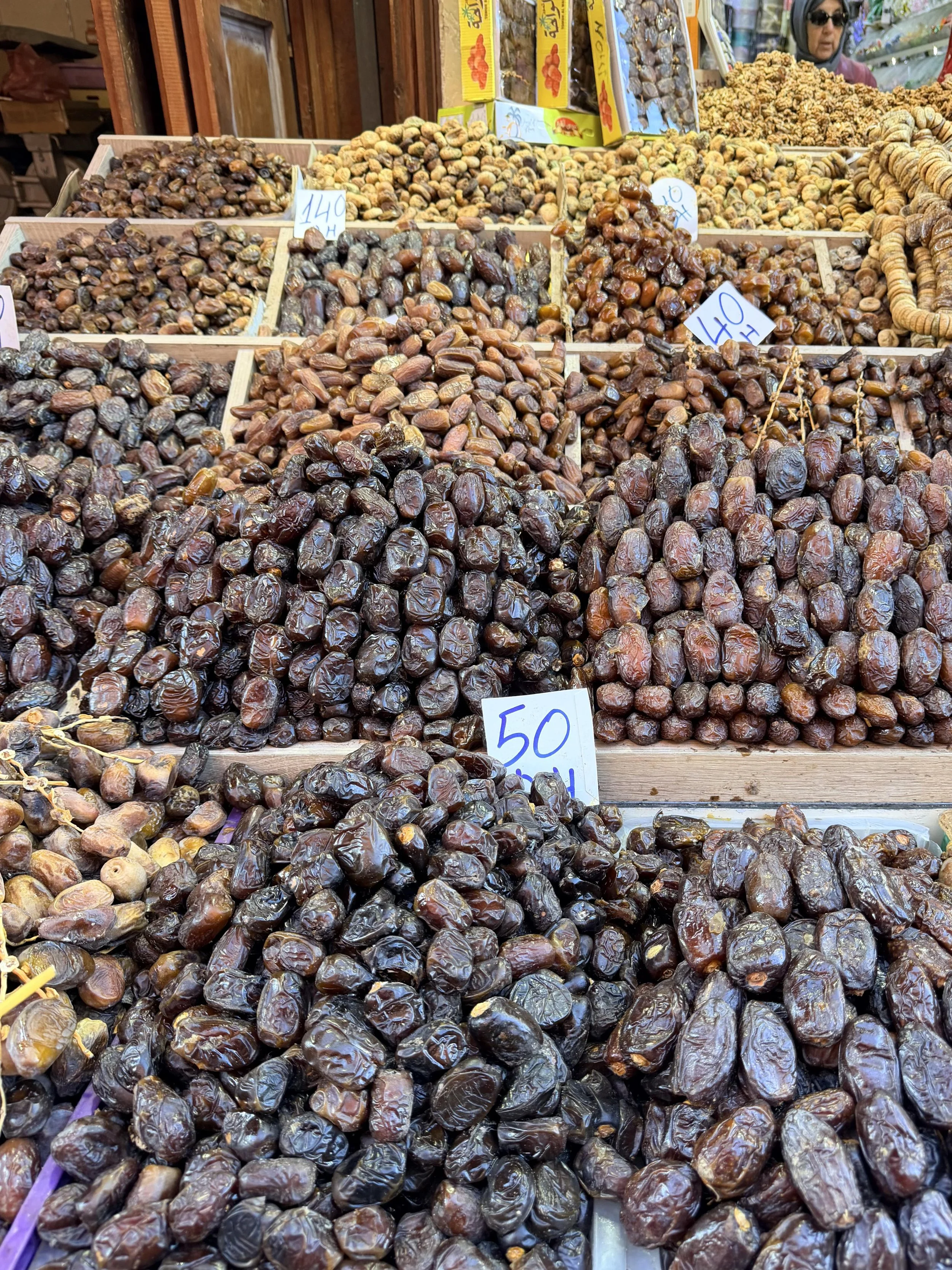 Dried dates displayed at a Moroccan market, reflecting the country’s rich food traditions and seasonal harvest culture.