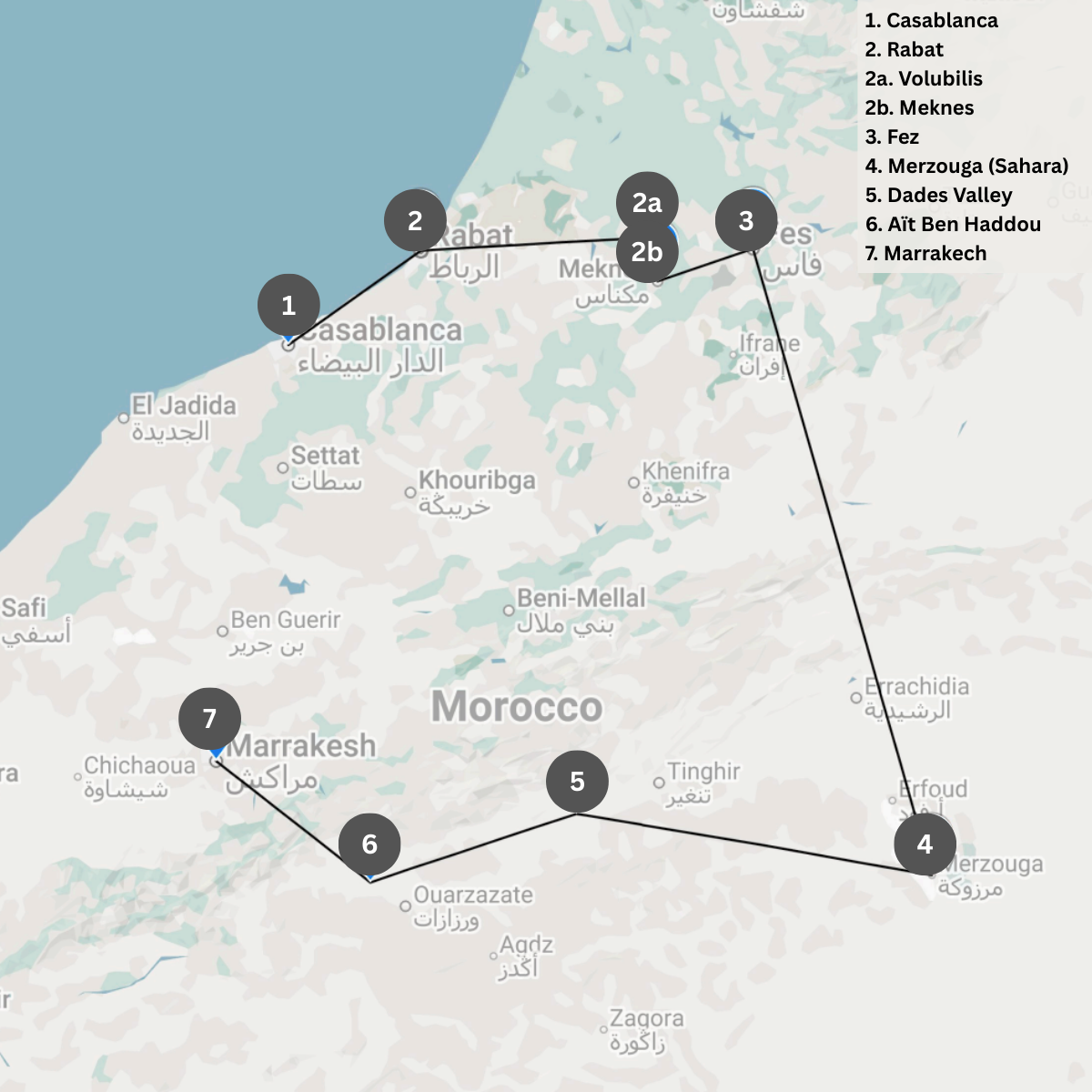 Map of Morocco with a route passing through cities and regions: Casablanca, Rabat, Volubilis, Meknes, Fez, Merzouga (Sahara), Dades Valley, Aït Ben Haddou, Marrakech, connected by lines.