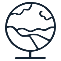 Line drawing of a globe showing continents and oceans