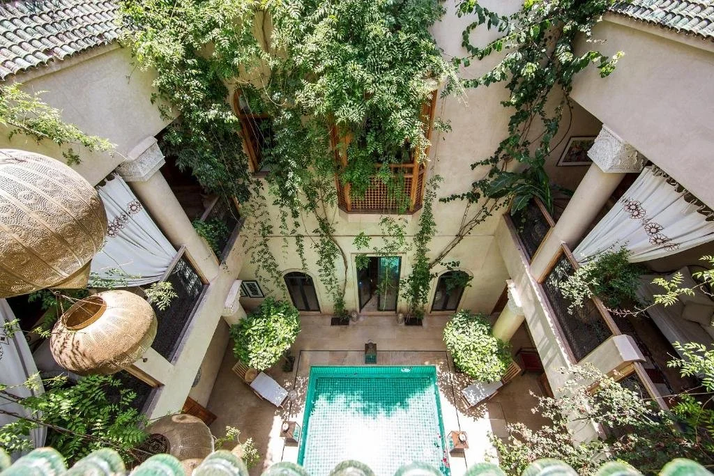 Overhead view of a riad courtyard with a small tiled pool, climbing vines along the walls, shaded seating areas, and natural light filling the space.