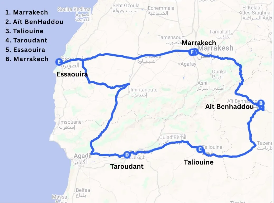 Map of Morocco showing tour route from Marrakech to Aït Benhaddou, Taliouine, and Essaouira
