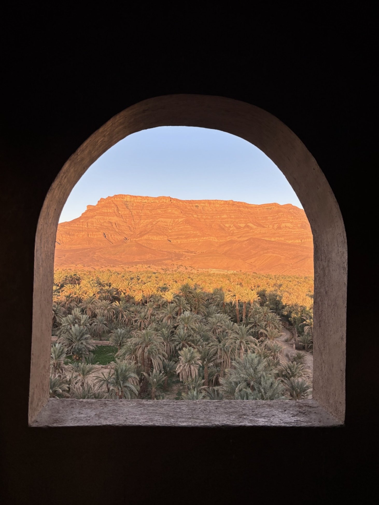 View of a desert landscape with a mountain range in the distance, seen through an arched window. The mountain is illuminated by sunlight, with a pattern of layered rock formations, and there is a dense grove of palm trees in the foreground.