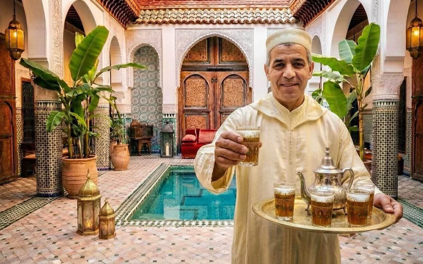 Moroccan host serving mint tea in a riad courtyard with a tiled pool and lanterns