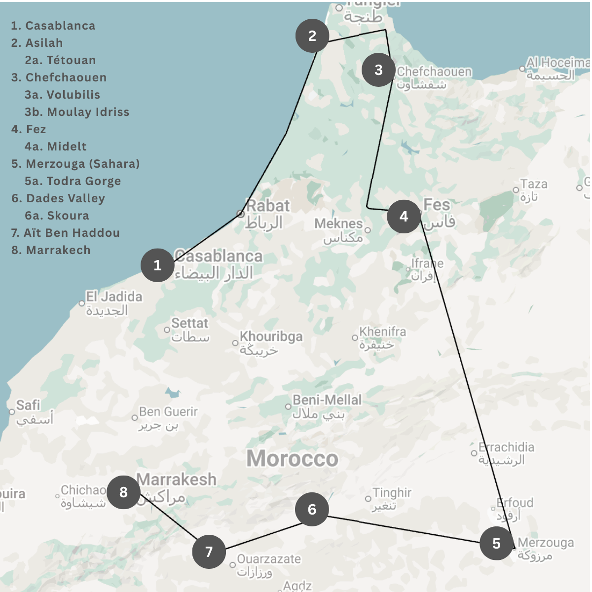 Map of Morocco with numbered locations highlighting a travel route from Casablanca through various cities, including Merzouga and Marrakech, to the Atlantic coast.