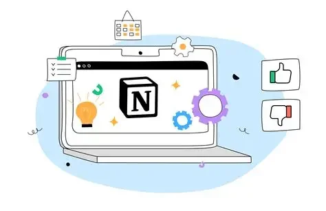 Illustration of a laptop with the Notion logo on the screen, surrounded by icons of a lightbulb, gears, a checklist, a thumbs-up, and a thumbs-down.
