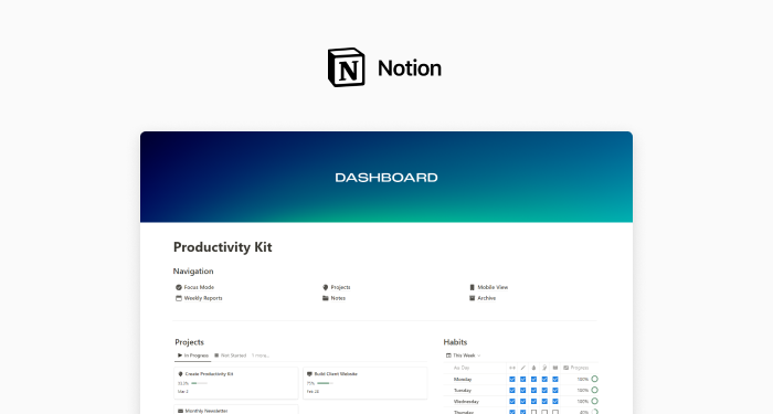 Screenshot of Notion dashboard showing productivity kit with navigation options and project status.