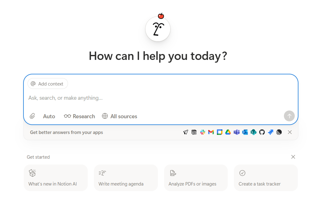 Screenshot of a digital assistant interface with a smiling face icon and a question, 'How can I help you today?'. Below the question, there is a text input box with options for context and sources, and icons for various apps and tools at the bottom. Four options are displayed: 'What's new in Notion AI', 'Write meeting agenda', 'Analyze PDFs or images', and 'Create a task tracker'.