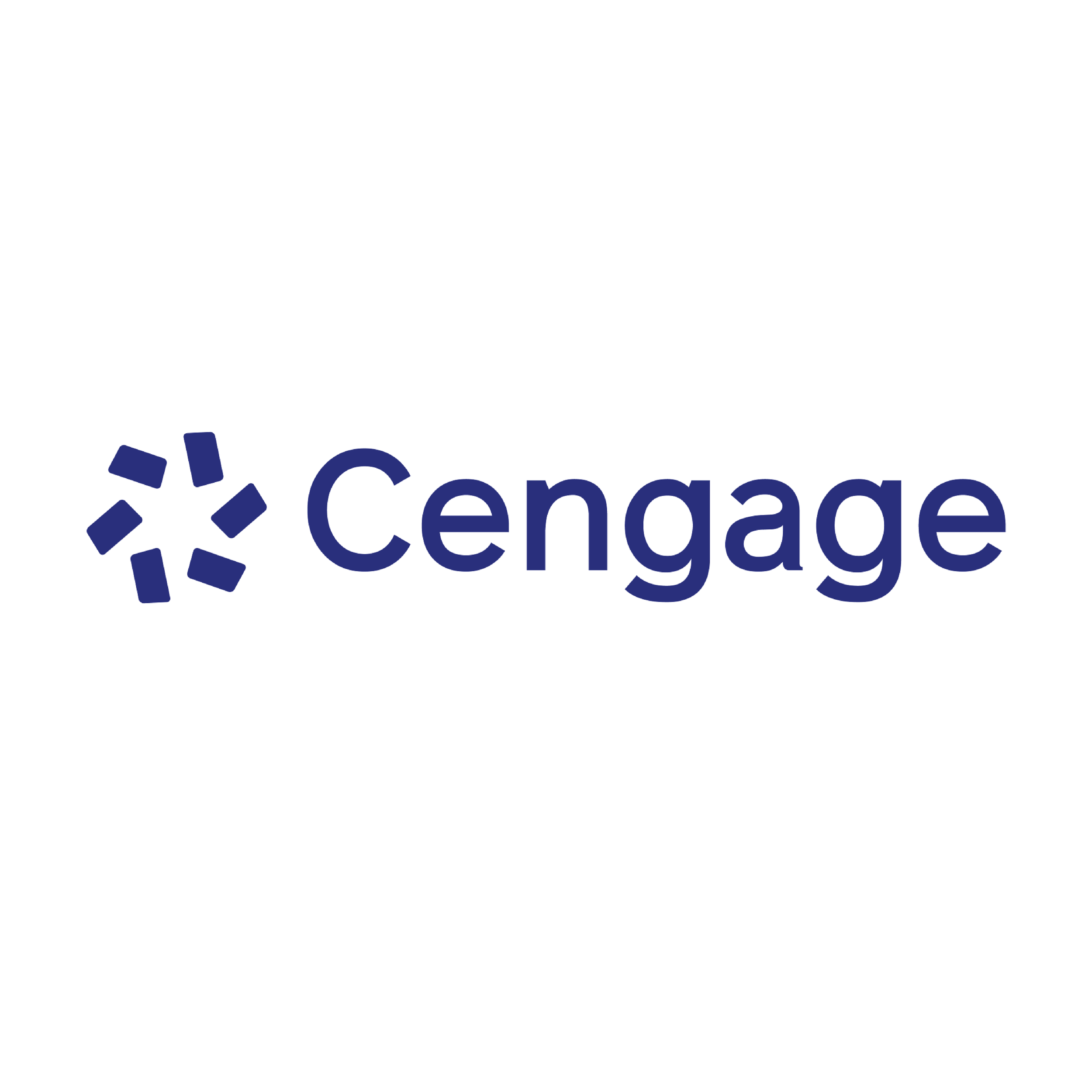 Cengage logo with blue text and abstract circular emblem on white background.