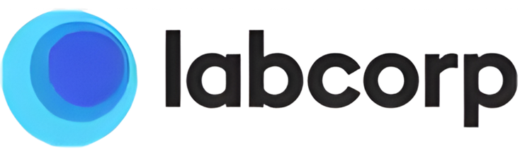 Partial view of the Labcorp logo with blue and black text.