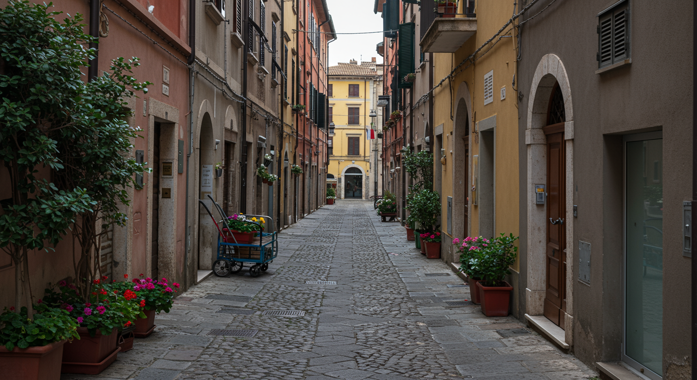Empty cobblestone street lined with colorful buildings, potted flowers, and a small cart, in an Italian town.