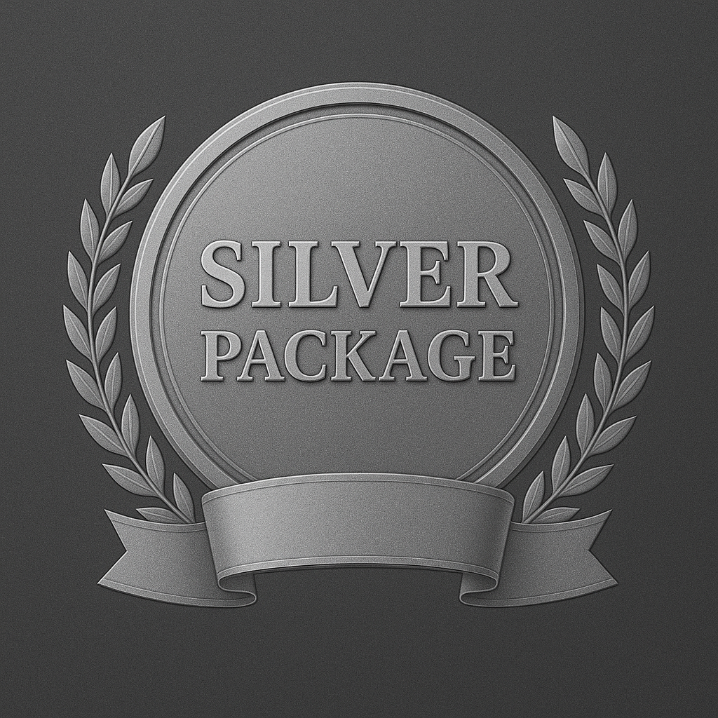 Silver medal with laurel branches and a ribbon, inscribed with "Silver Package."