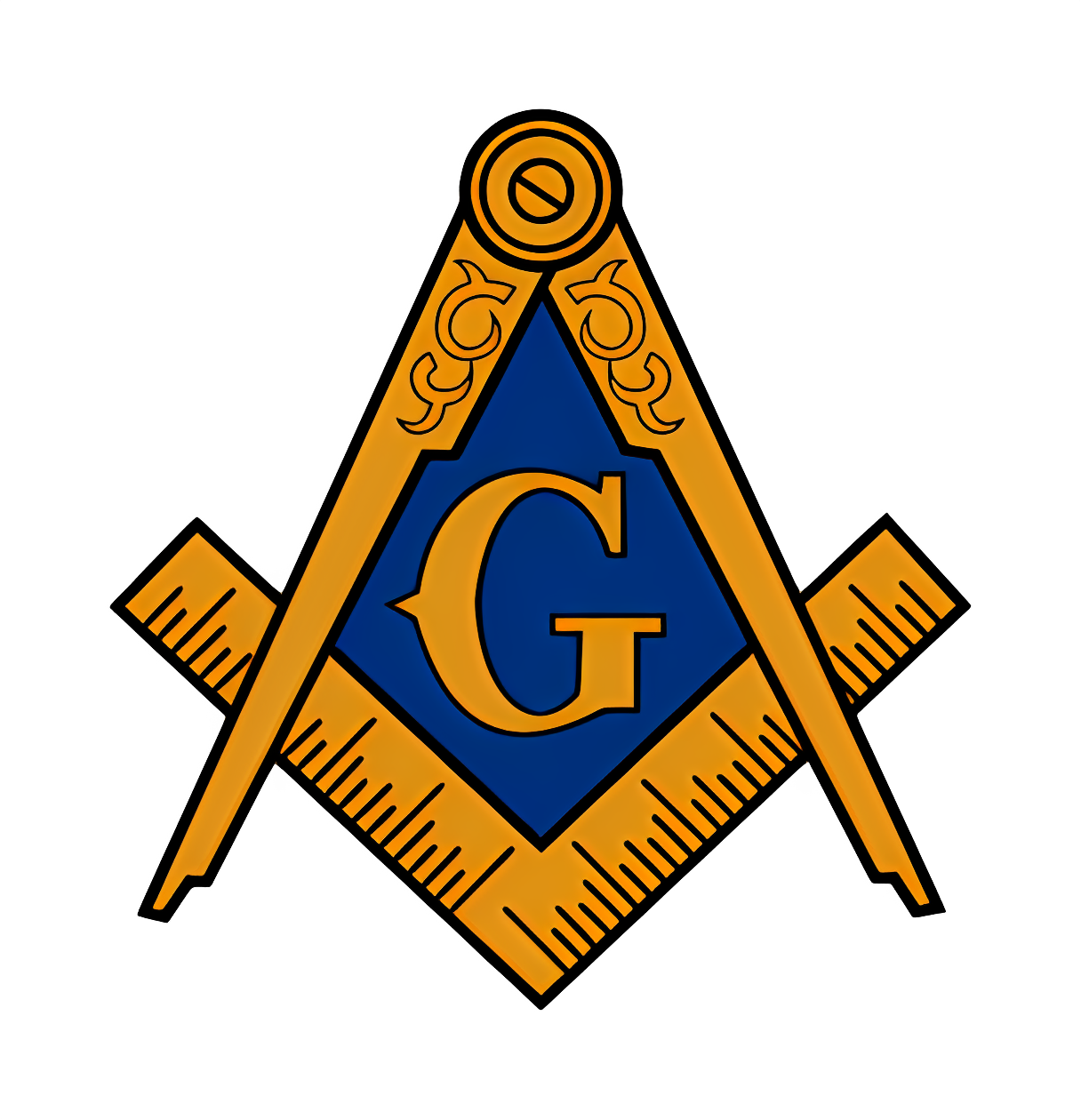 Freemasonry emblem with a golden square and compasses surrounding a blue square and compass with a gold 'G' in the center