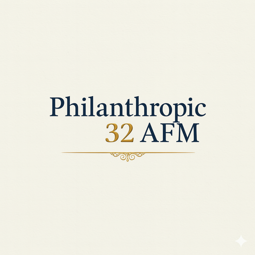 Text reading "Philanthropic 32 AFM" on a light beige background, with decorative gold line underneath.