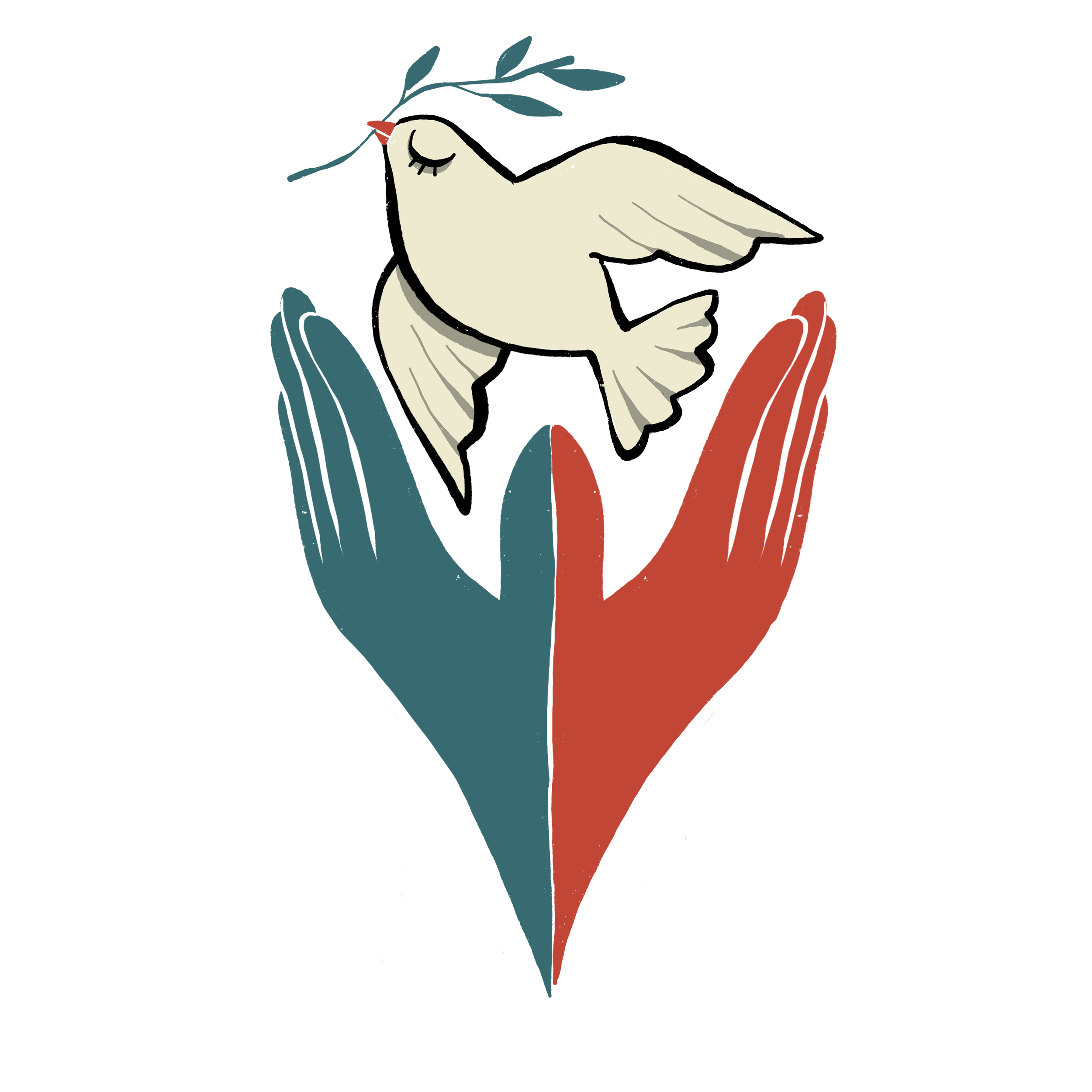 En illustrasjon av en hvit, fredelig stork med svarte vinger, en lang oransje nebb og en rød blomsterkrans rundt halsen, som holder en kvist med grønne blader med nebbet.