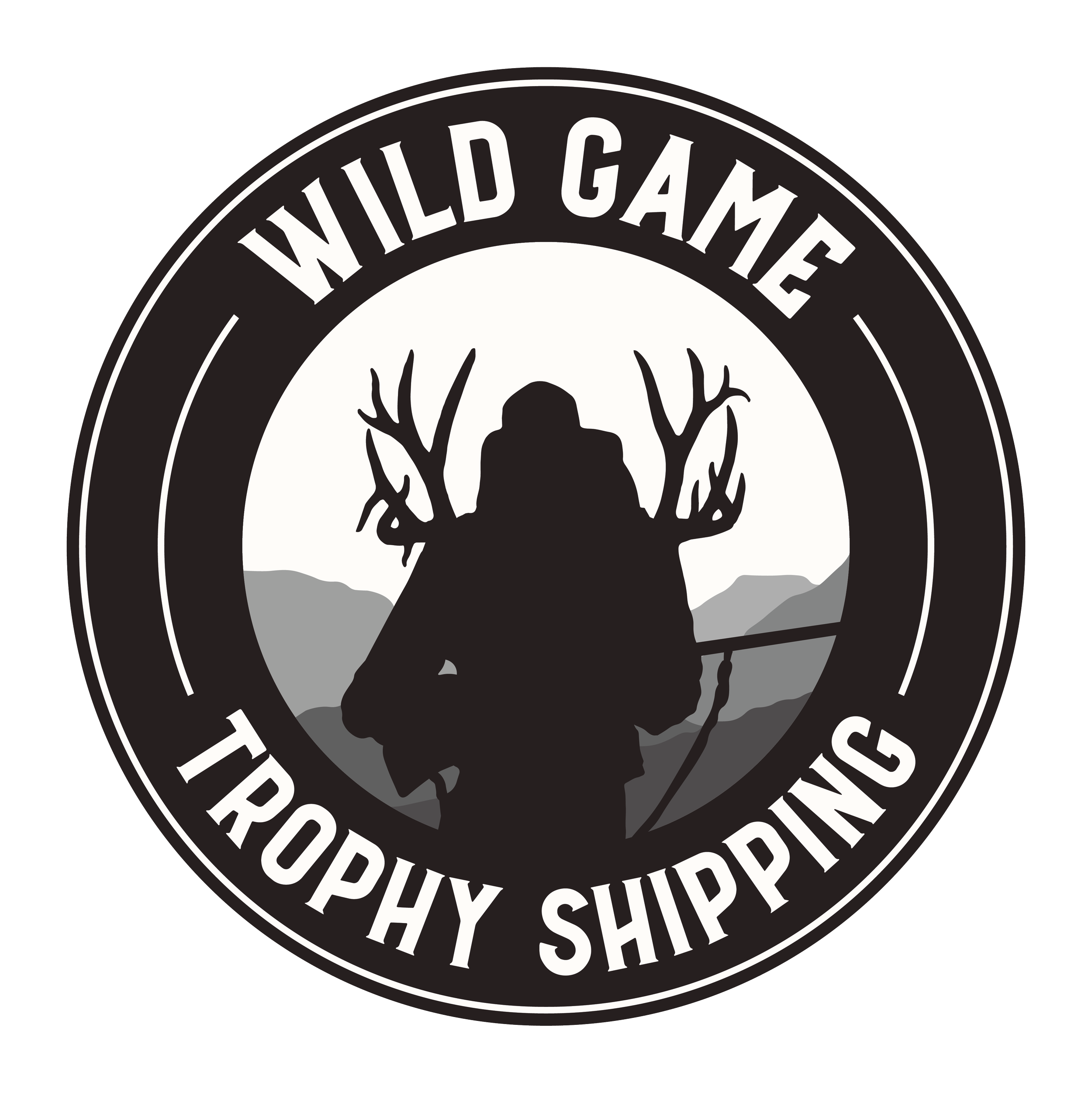 A circular badge featuring a silhouette of a person holding a fishing rod, with antlers on their head, set against a mountainous background. The text around the badge reads 'Wild Game Trophy Shipping'.