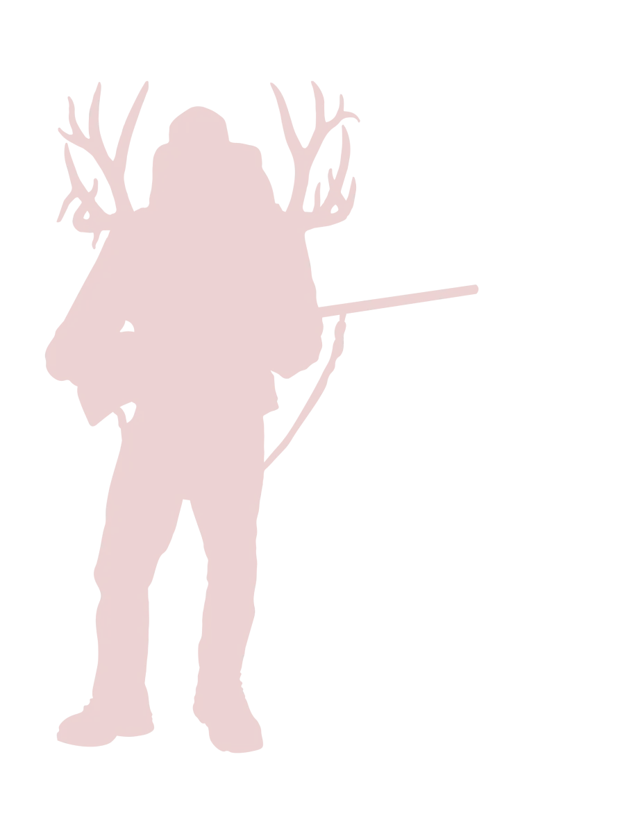 Silhouette of a person with antlers, holding a rifle, in a forest setting.
