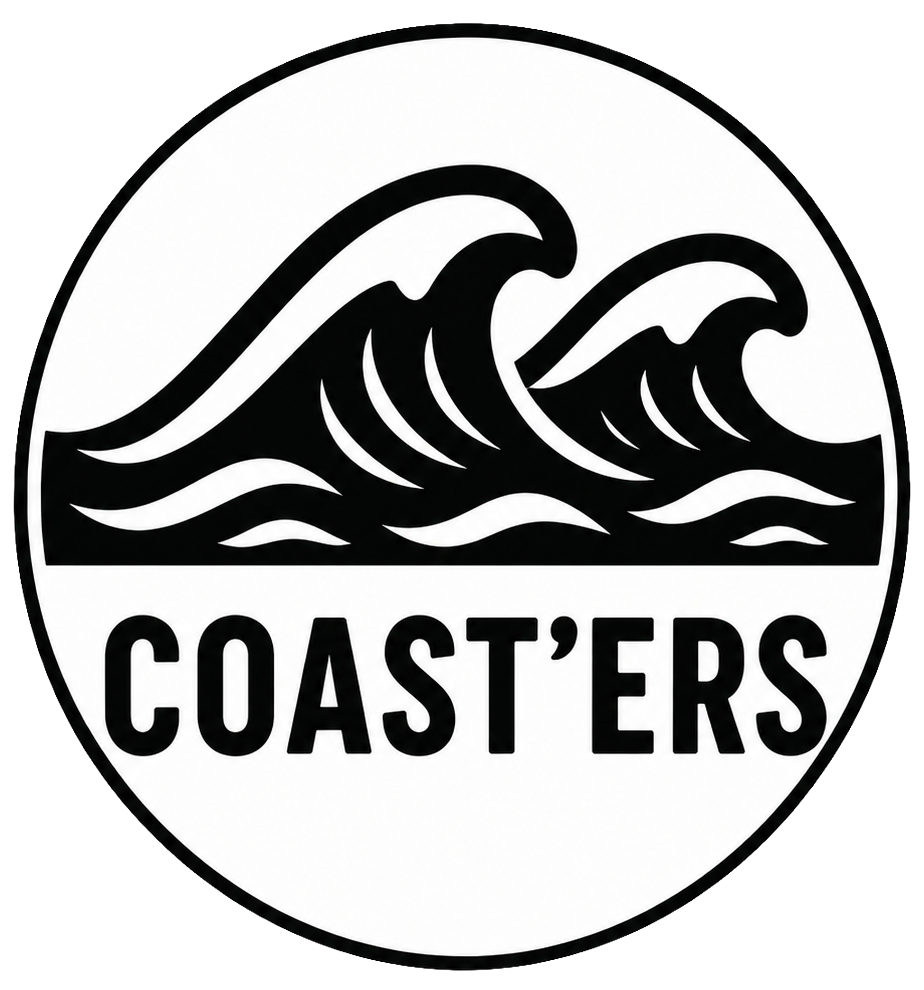 A circular logo with black stylized ocean waves above the word "COAST'ERS" in bold black letters.