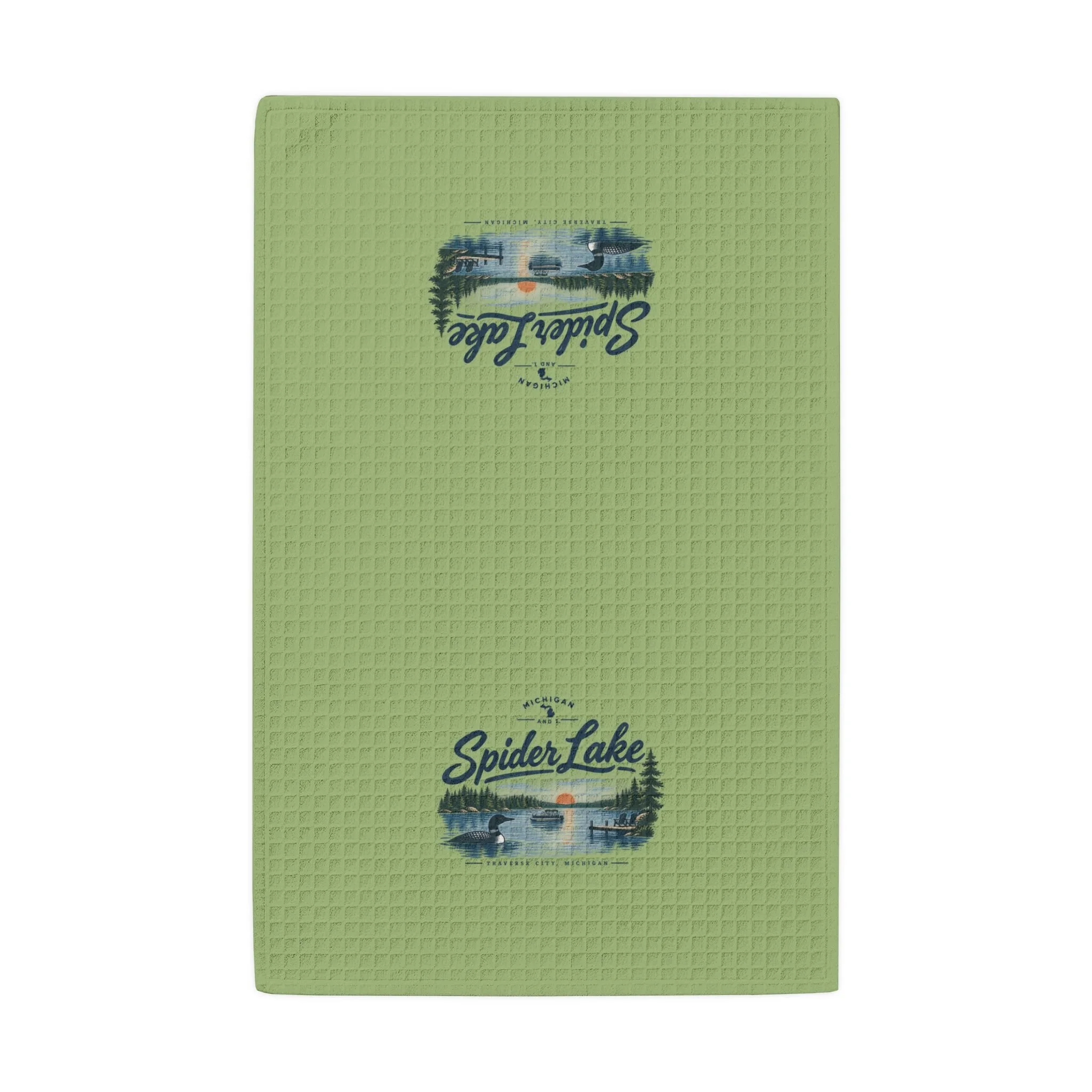 Spider Lake Waffle Weave Kitchen Hand Towel – Green Lakeside Cabin Tea Towel
