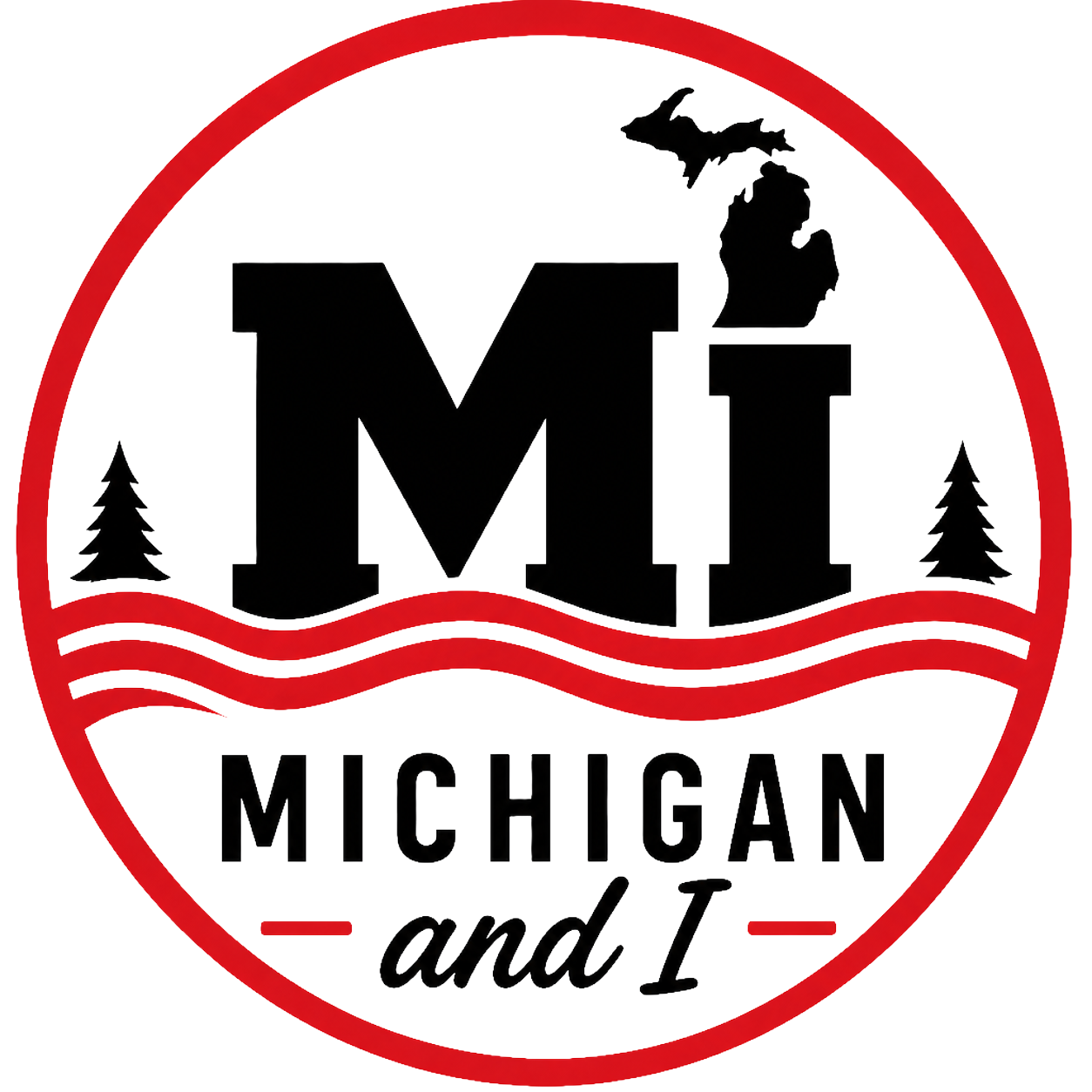 A circular logo with the words "MD" in large black letters, featuring a silhouette of Michigan with a raccoon. The logo includes Mayan pine trees, red waves, and the text "MICHIGAN and I" at the bottom, with a red border and a yellow background behind the top part.