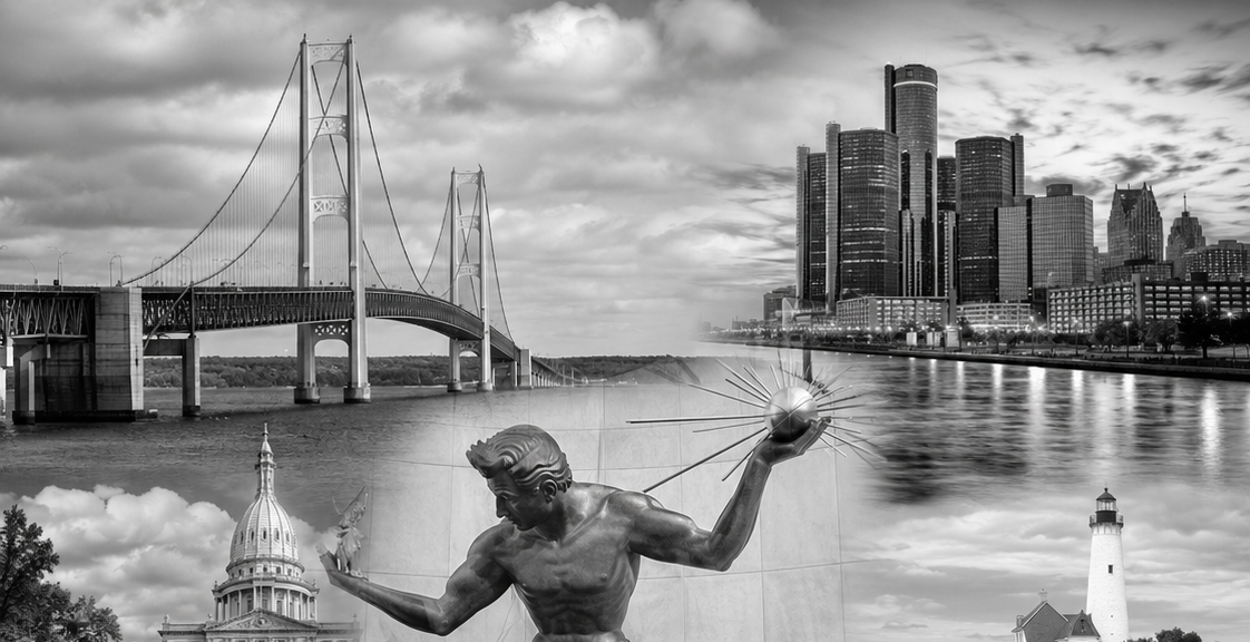 A collage of black-and-white images including a bridge, a city skyline, a lighthouse, a historic building, and a statue of a man holding a glowing sphere.