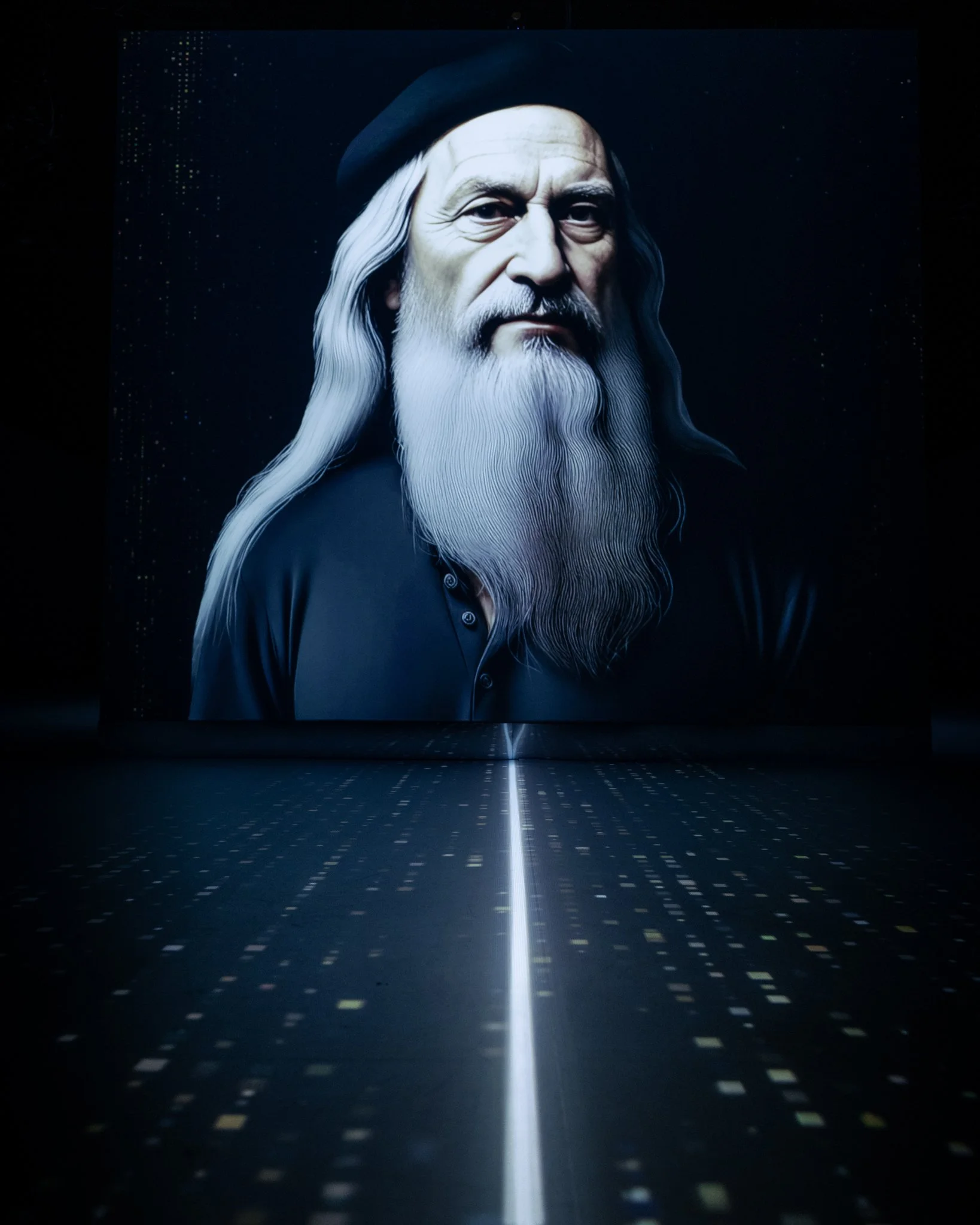 A digital artwork of an elderly man with a long white beard and hair, wearing a black hat and black clothing, set against a dark background with a glowing line and digital elements on the floor.