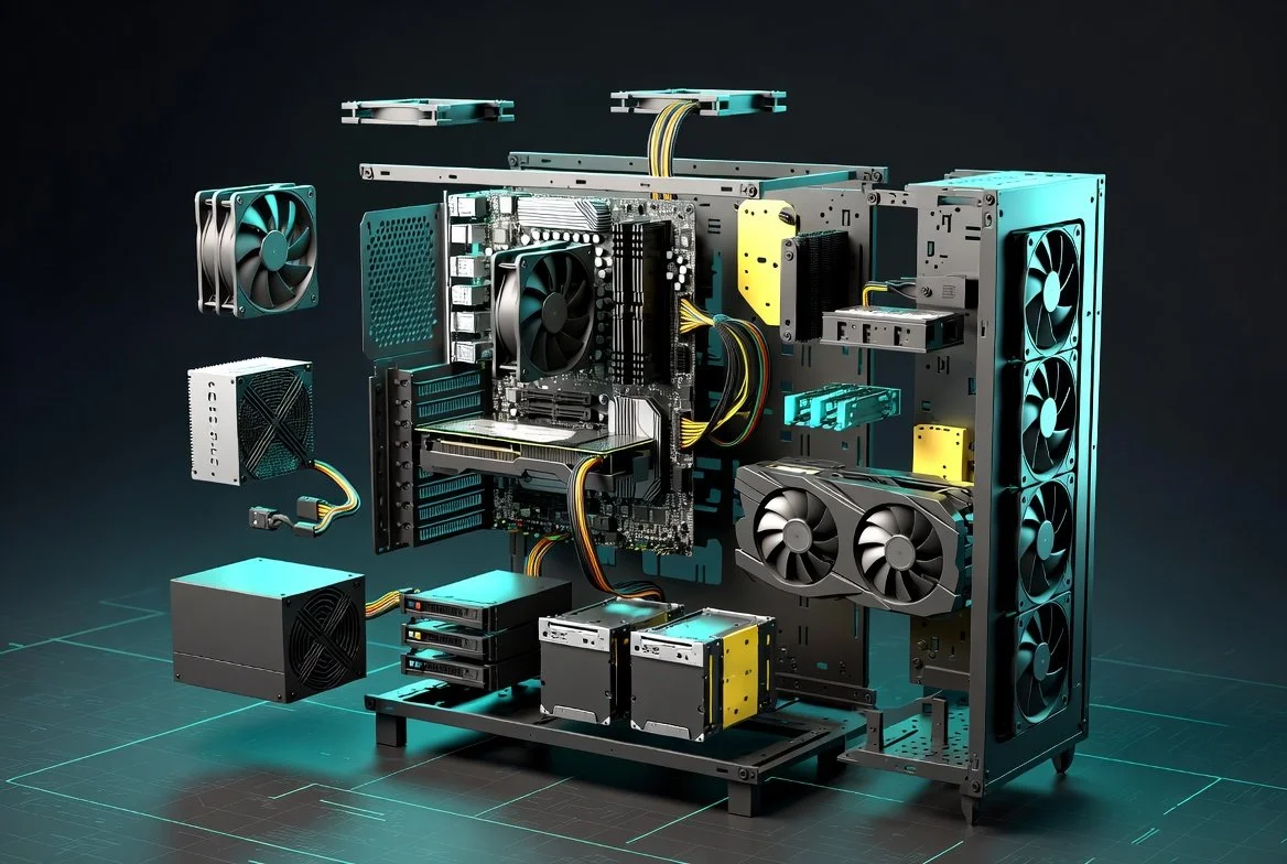 A digital rendering of a disassembled high-performance gaming or workstation computer with various internal components floating around the case, including fans, power supply, motherboard, graphics card, and storage drives.