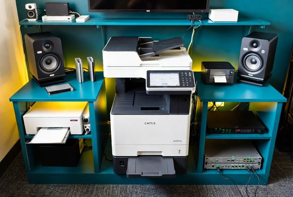 Office printer with electronic equipment on teal shelving and side tables, including speakers, a monitor, a smartphone, and networking hardware.
