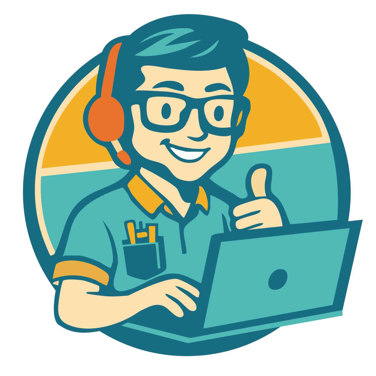 Illustration of a man wearing glasses and a headset, working on a laptop and smiling with a thumbs-up gesture.
