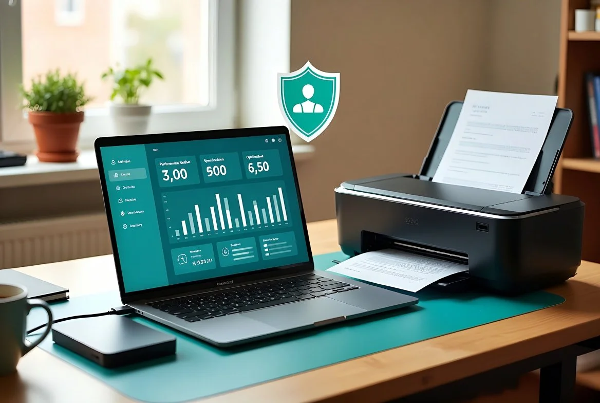 A workspace with a laptop displaying analytics, a printer with a document, a green potted plant on a windowsill, and a coffee mug on a desk.