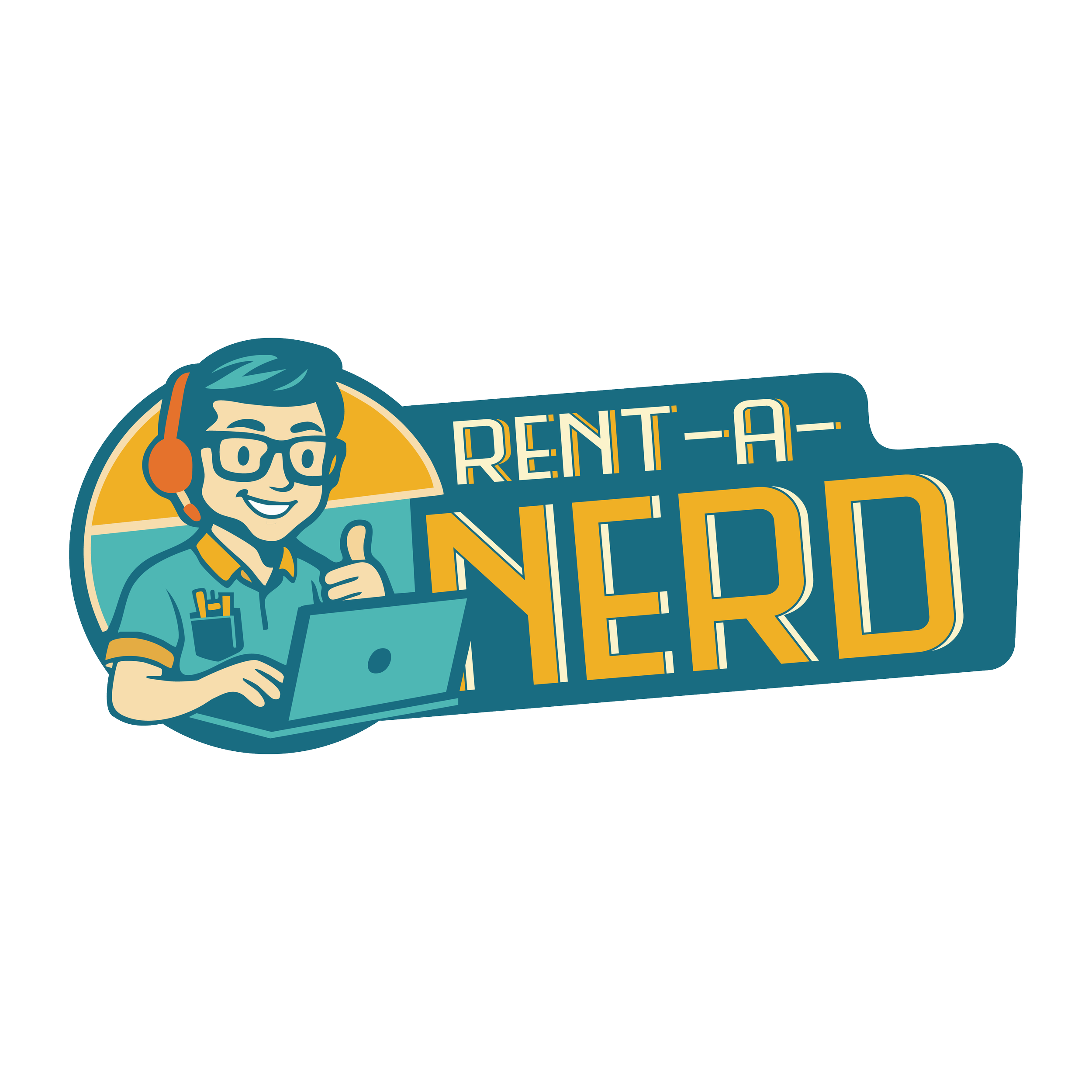 A cartoon illustration of a nerdy person wearing glasses, a headset, and a collared shirt, sitting at a laptop giving a thumbs up. Beside the person, there is a sign that says 'Rent-A-Nerd' in bold letters.