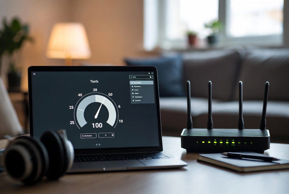 A laptop displays a speed test with a speed of 100 Mbps, next to a Wi-Fi router with multiple antennas, on a wooden desk with a notebook and pen, in a cozy living room.