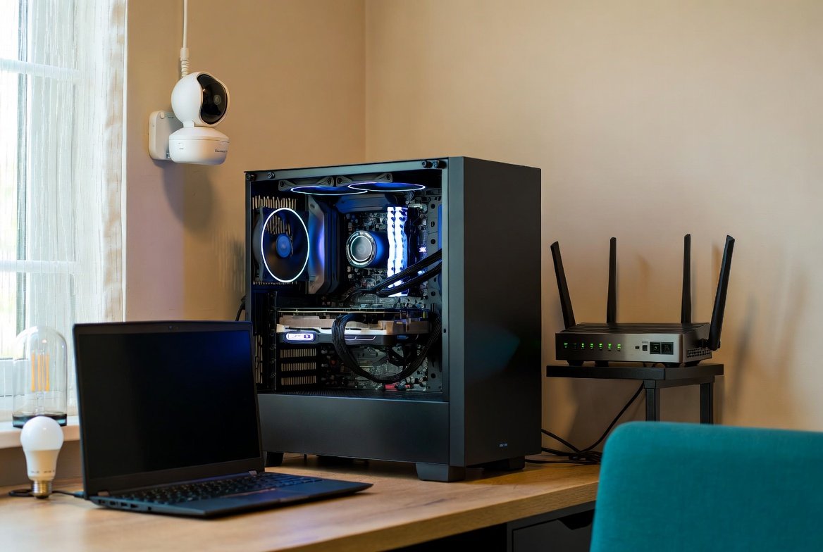 A gaming or work computer setup on a wooden desk, including a black PC tower with internal RGB lighting, a closed laptop, a router with multiple antennas, and a smart security camera on the wall next to a window.
