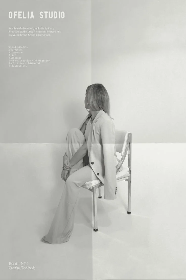 Black-and-white promotional poster for Ofelia Studio featuring a woman seated on a chair, with predominant text about the studio's services and origins, set against a minimalist background.