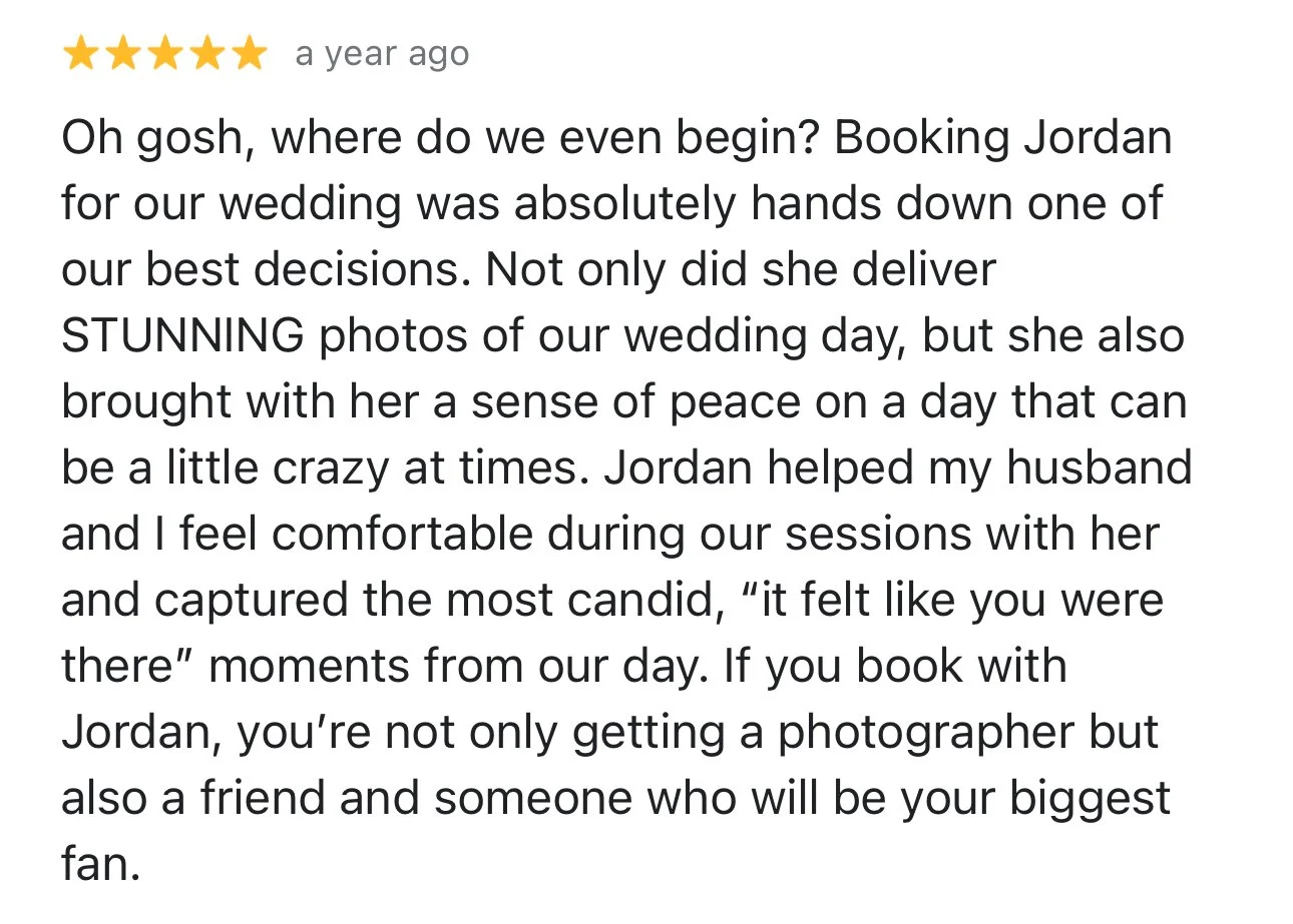 Screenshot of a five-star review praising a wedding photographer named Jordan, describing her delivery of stunning photos and her comforting presence on the wedding day.