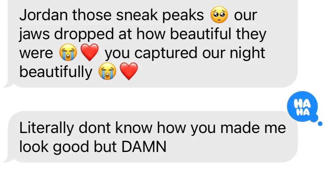 Text message exchange praising someone's photography skills and humor, with emojis of surprised, crying, and heart eyes.