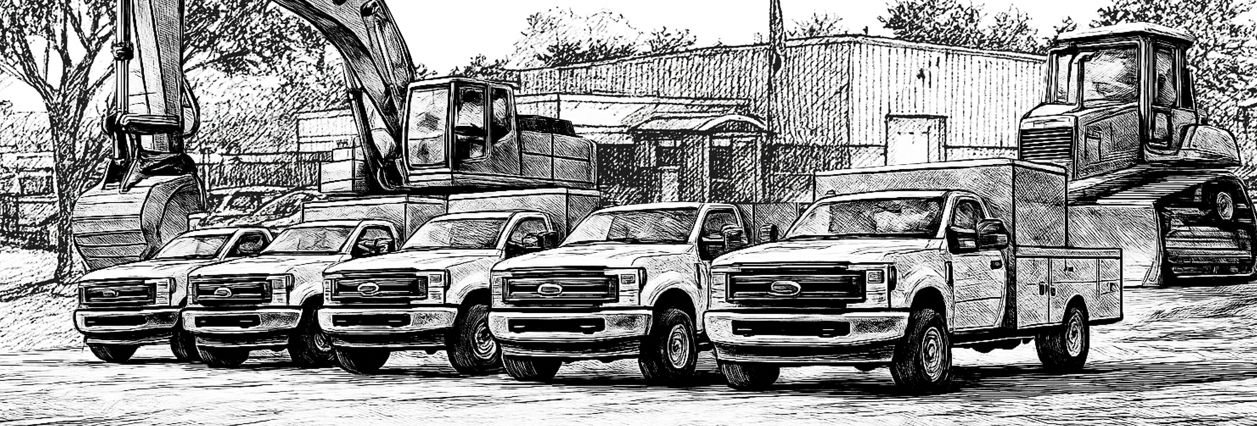 Sketch of multiple Utility trucks and construction equipment parked outdoors, with trees and a fence in the background.