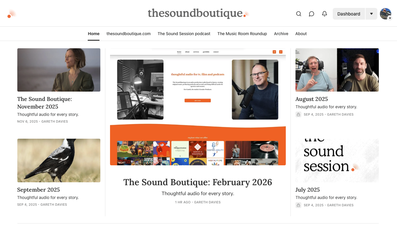Screen shot of the Sound Boutique Substack homepage