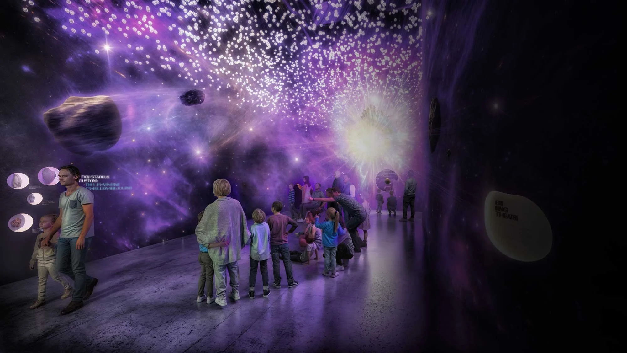 People, including children and adults, are in an immersive space-themed exhibit with purple and black visuals of planets and stars projected on the walls, creating a cosmic scene.