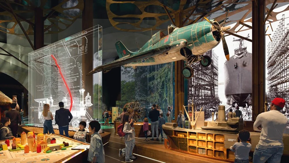 Museum exhibit with vintage aircraft, ships, and interactive displays, including children and adults exploring.