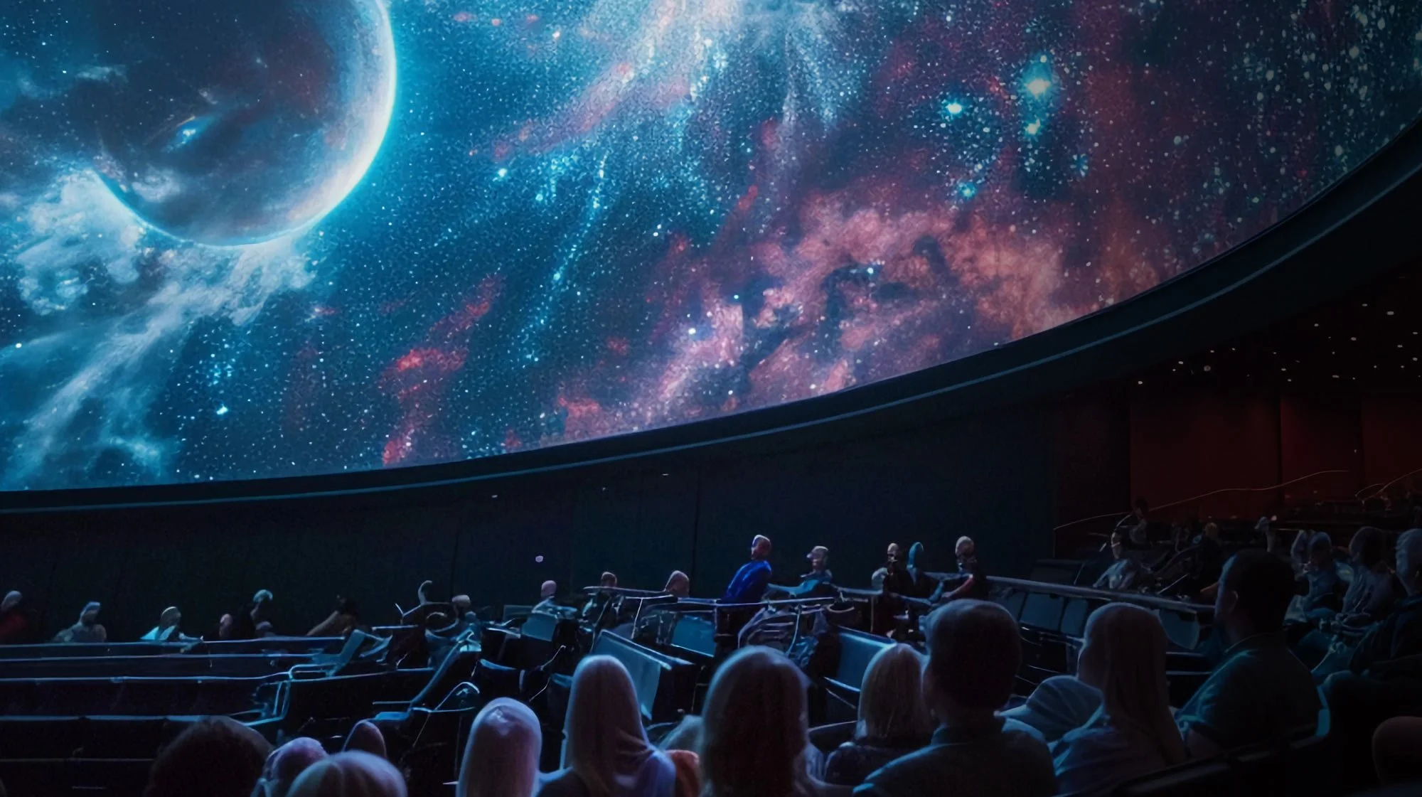 People watching a large screen displaying a colorful galaxy and space scene in a planetarium.