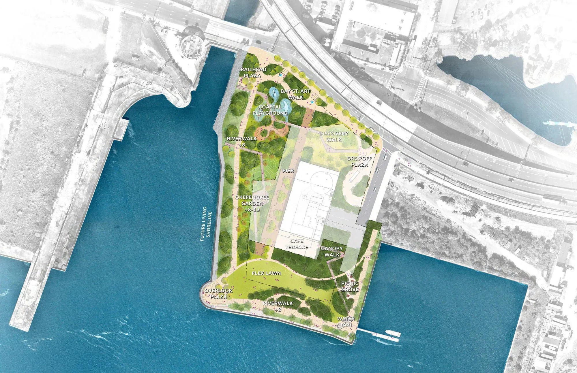 A detailed site plan for a waterfront park showing various features such as a trailhead plaza, bay st art walk, coastal playground, discovery walk, waterfront pier, Cafe terrace, canopy walk, picnic grove, water taxi, and multiple riverwalks, with the shoreline along a large body of water.