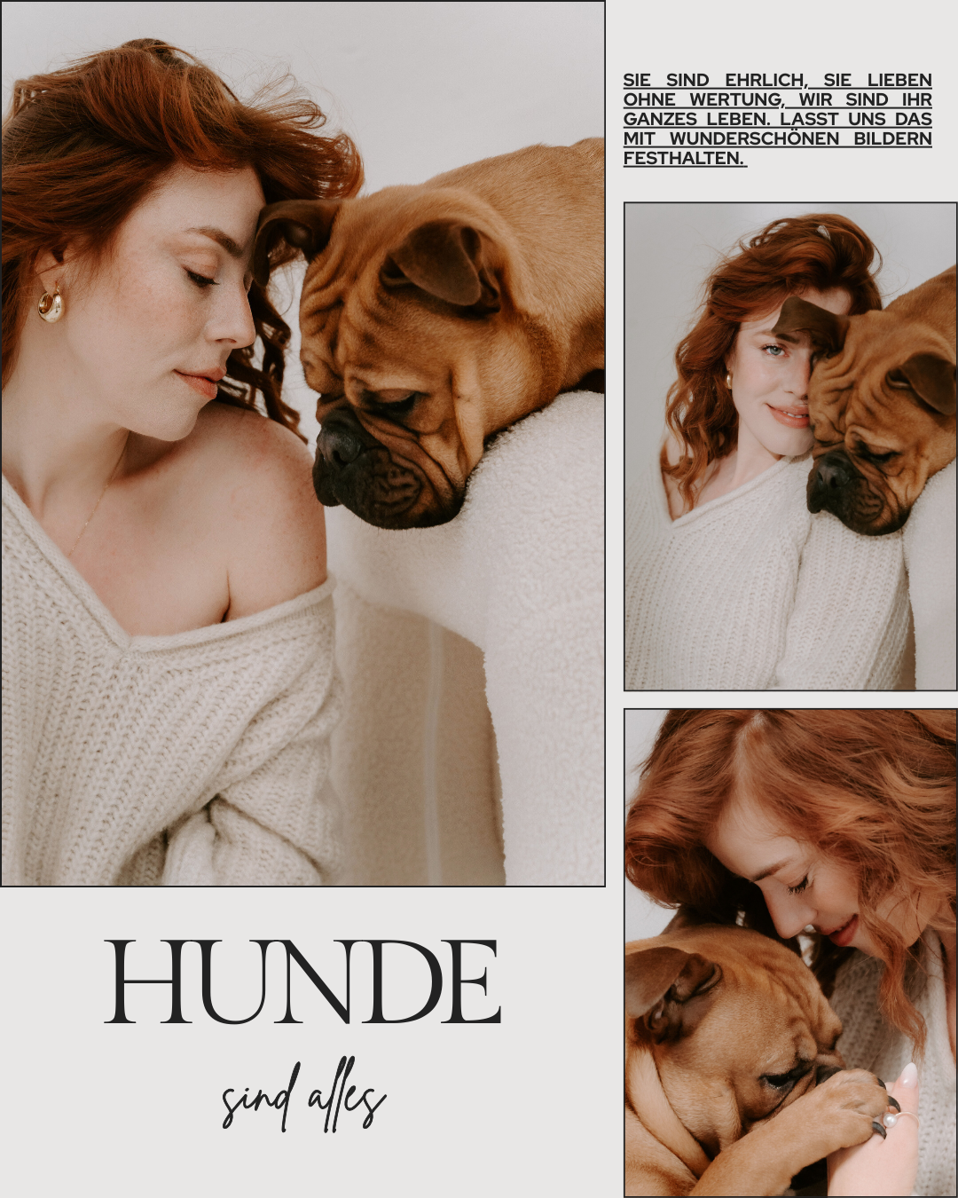 Eine Frau mit roten Haaren und ein Hund kuscheln eng zusammen, in einer Collage mit Text auf Deutsch, der über Liebe und Ehrlichkeit spricht.