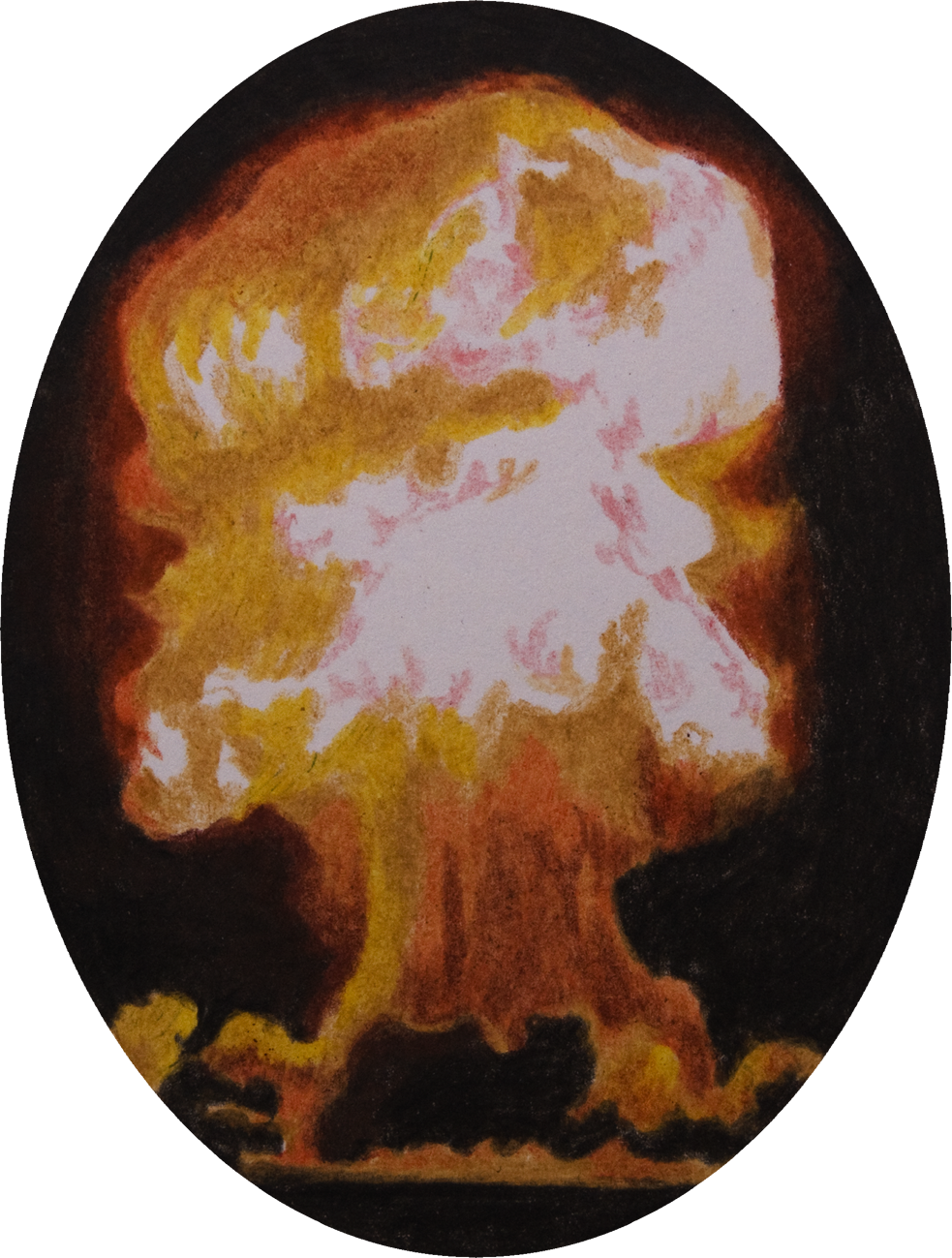 colour pencil drawing on oval paper by Vivid Crimes, from drawing series Catastrophes